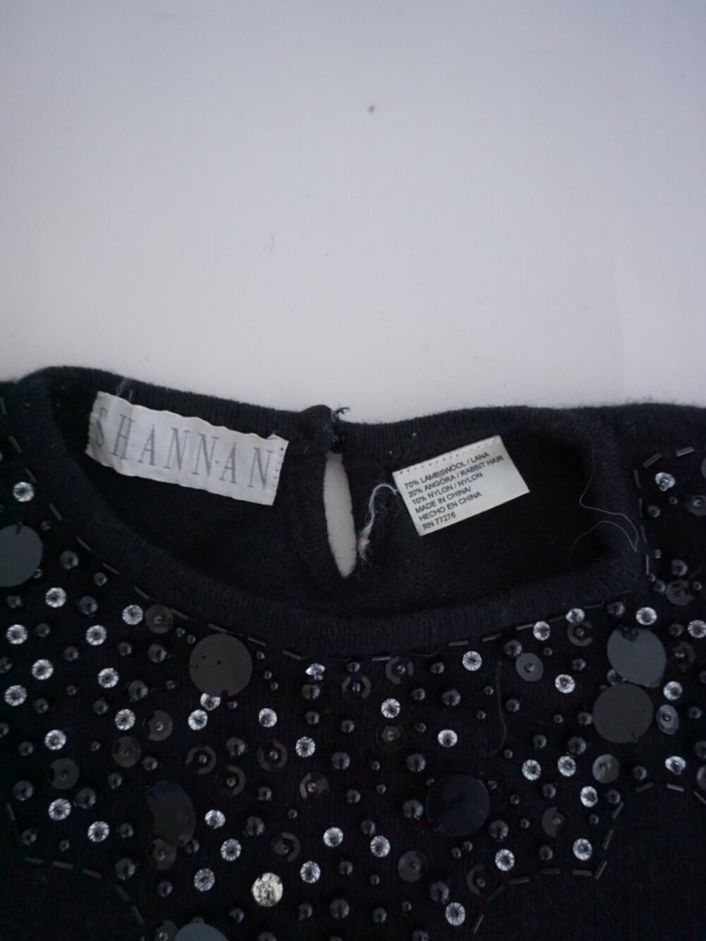 Vintage Shannan Black Beaded Sequin Knit Sweater Lambswool Angora Blend L - Picture 11 of 12